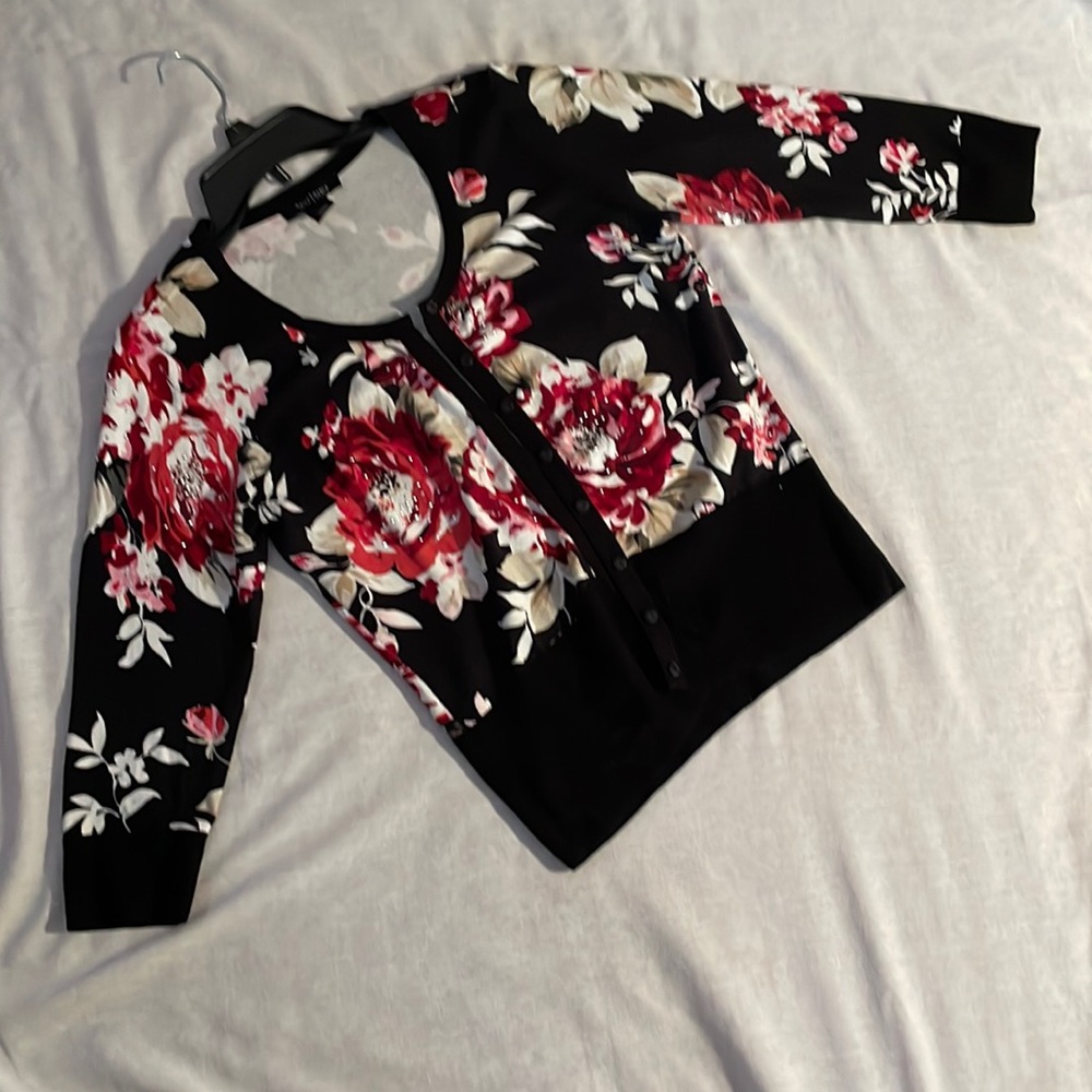 WHBM size M button down red& black w/ metal studs,thin sweater, scoop neck